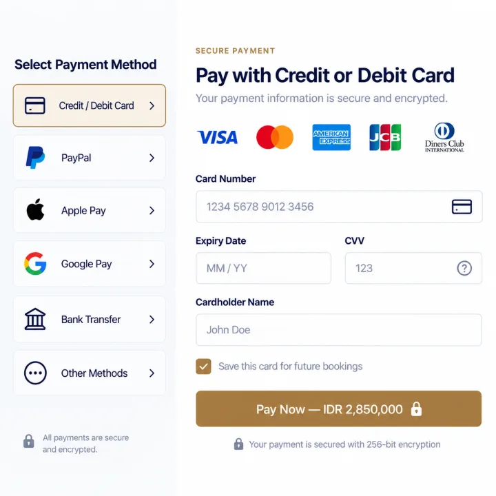 A secure checkout form for paying by card, PayPal, Apple Pay or Google Pay